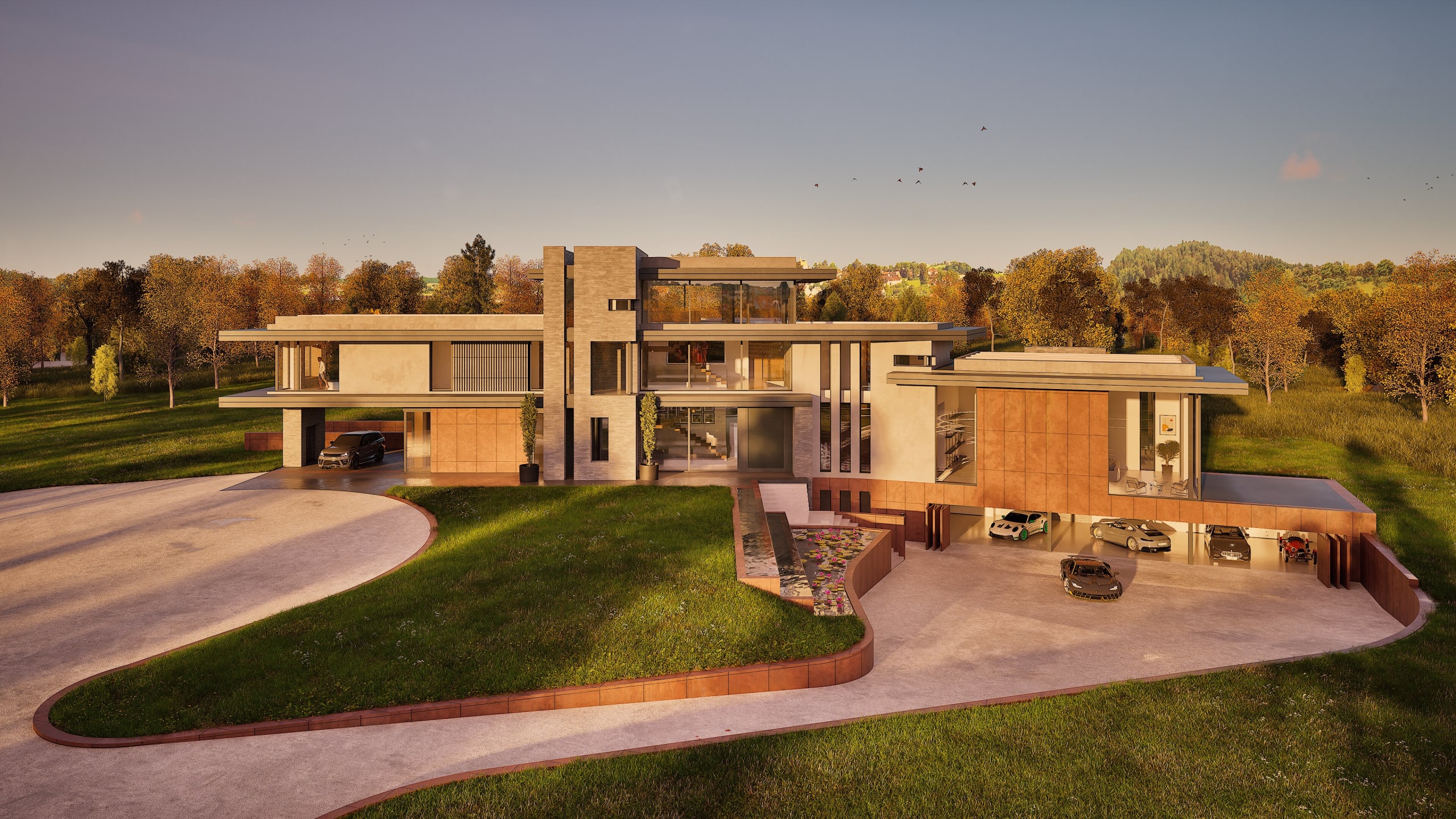 Modern luxury mansion with multi-level design, stone and copper facade, circular driveway, water feature, and multi-car garage